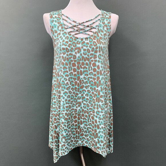 Now N Forever Top Small Turquoise Green Brown White Sleeveless Animal Print - Picture 1 of 11